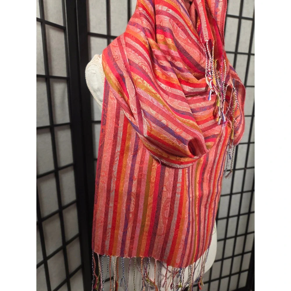Pashmina‎ Silk Blend Striped Shawl Scarf Red Orange Pink Purple Fringe Wrap